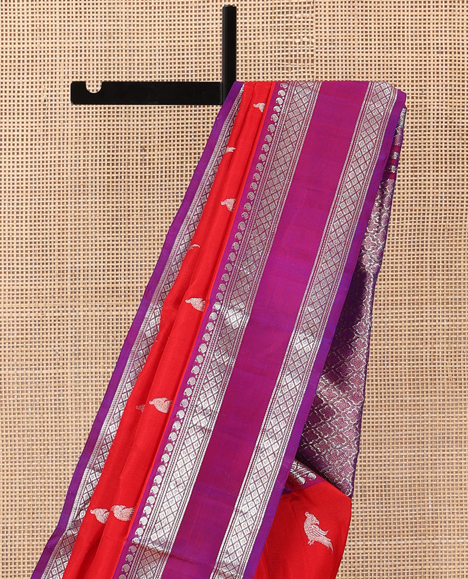 Red parrot buttas Venkatagiri silk saree, contrast rettai pettu traditional zari border, and pallu of jaal design