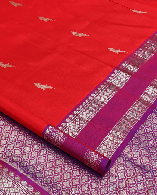 Red parrot buttas Venkatagiri silk saree, contrast rettai pettu traditional zari border, and pallu of jaal design