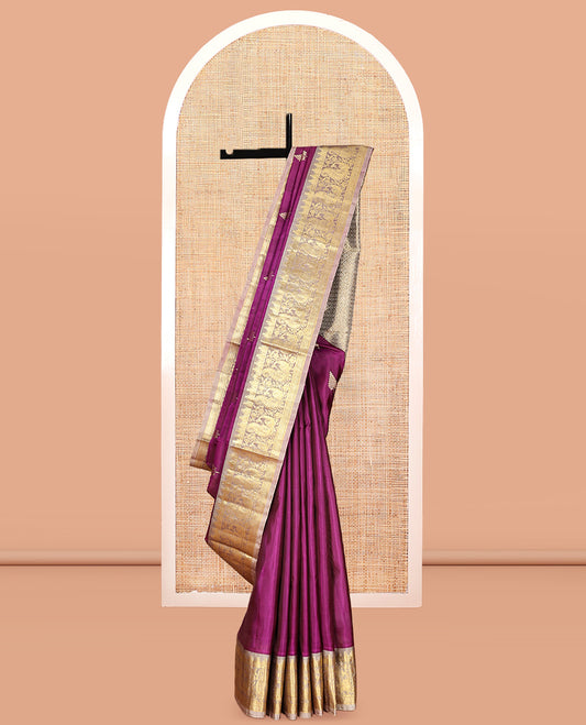 Purple Zari Buttas Venkatagiri Silk Saree, a Contrast Temple Peacock Border, Jaal Pallu, a Contrast Blouse