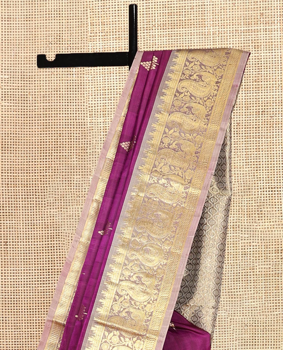 Purple Zari Buttas Venkatagiri Silk Saree, a Contrast Temple Peacock Border, Jaal Pallu, a Contrast Blouse