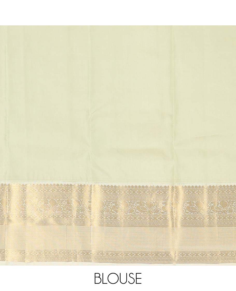 Maroon zari buttas Vasundhara silk mix saree, contrast border of thilakam, muthu, diamond, neli, and mayil designs, and jaal pallu