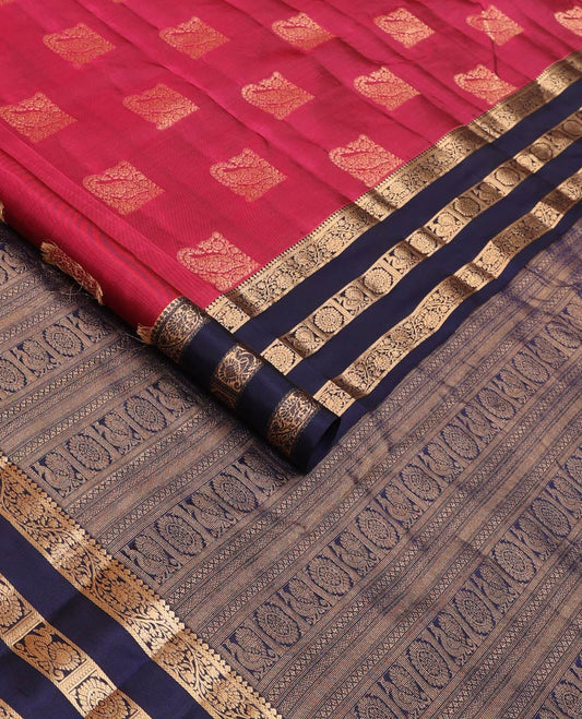 Pink zari buttas Vasundhara silk mix saree, contrast border of thilakam mokku, kathir, kodi visiry, and annam chakram designs, and pallu steeped with traditional designs