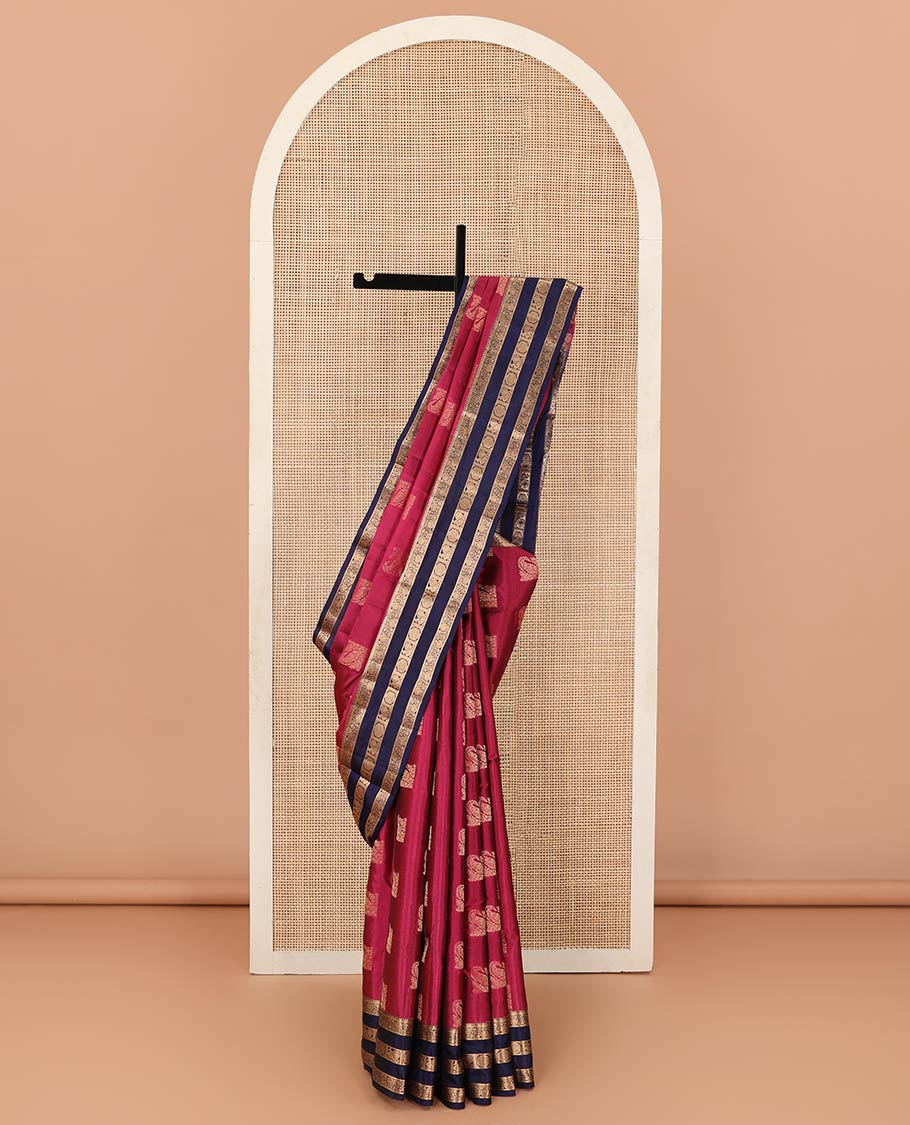 Pink zari buttas Vasundhara silk mix saree, contrast border of thilakam mokku, kathir, kodi visiry, and annam chakram designs, and pallu steeped with traditional designs