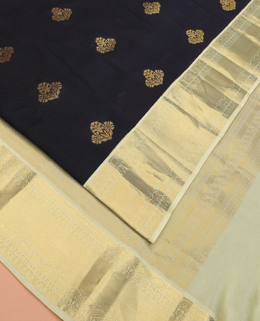 Black Vasundhara Lite Silk Mix Saree Gleamed Up with Floral Zari Buttas, Complemented by a Contrast Border of Salngai, Paisa, and Thilakam Designs, Zari Woven Pallu, and a Contrast Blouse