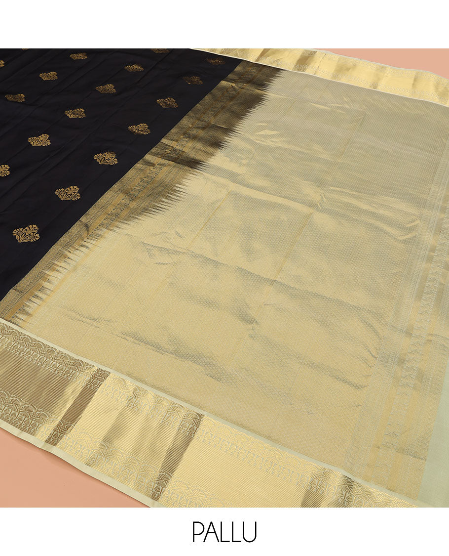 Black Vasundhara Lite Silk Mix Saree Gleamed Up with Floral Zari Buttas, Complemented by a Contrast Border of Salngai, Paisa, and Thilakam Designs, Zari Woven Pallu, and a Contrast Blouse