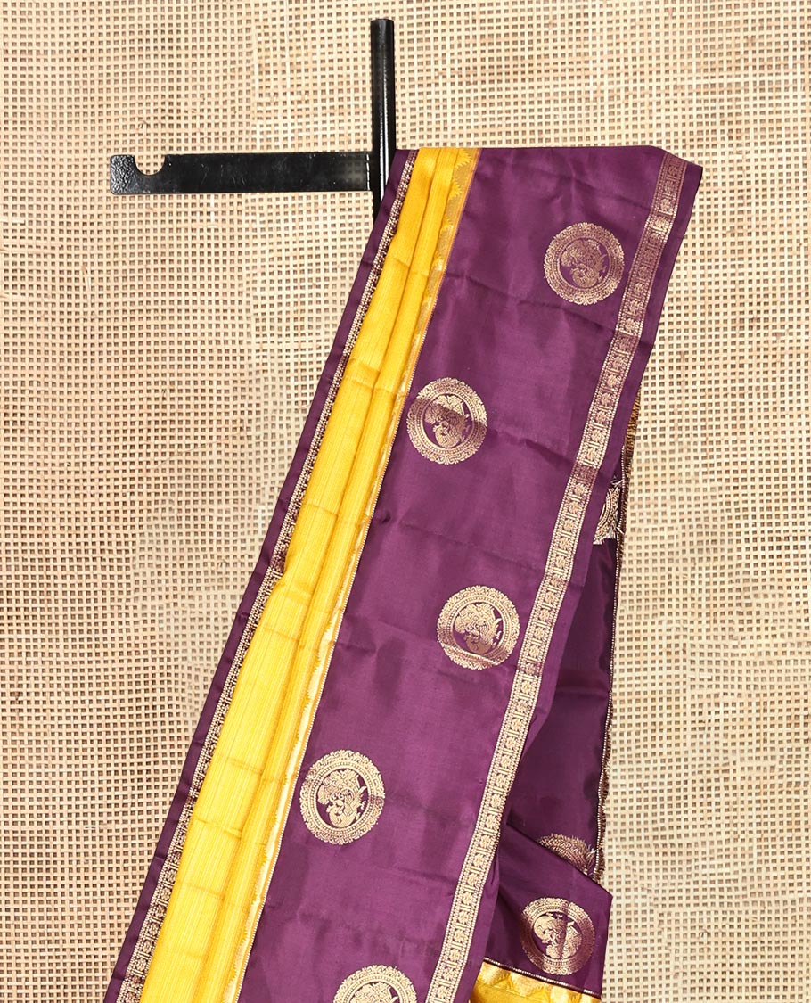 Yellow Vasundhara Lite Silk Mix Saree, a Contrast Border of Thazampoo Rekku, Muthu, Round Mayil, and Kamalam Designs, Grand Pallu, and a Contrast Blouse