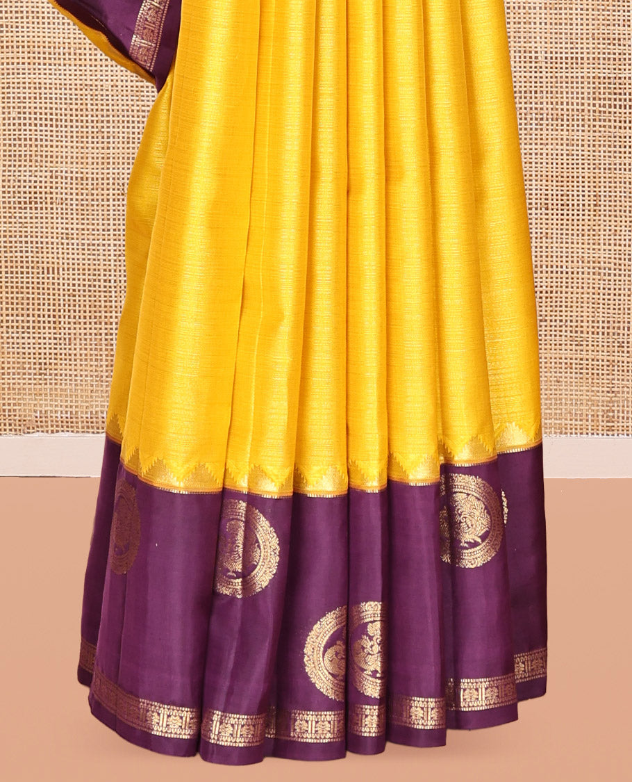 Yellow Vasundhara Lite Silk Mix Saree, a Contrast Border of Thazampoo Rekku, Muthu, Round Mayil, and Kamalam Designs, Grand Pallu, and a Contrast Blouse