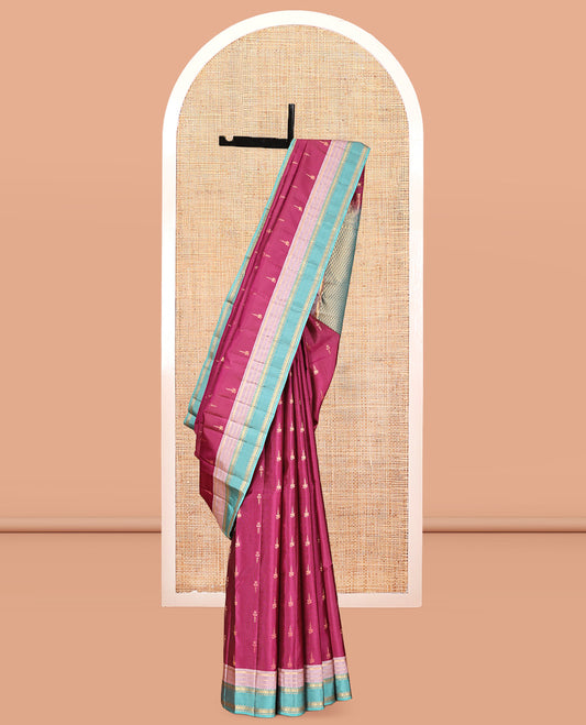 Purple Vasundhara Lite Silk Mix Saree, Elevated with Zari Buttas, a Contrast Border of Thilakam Mokku, Banaras, Rekku, and Rudraksham Design, Grand Pallu, and a Contrast Blouse