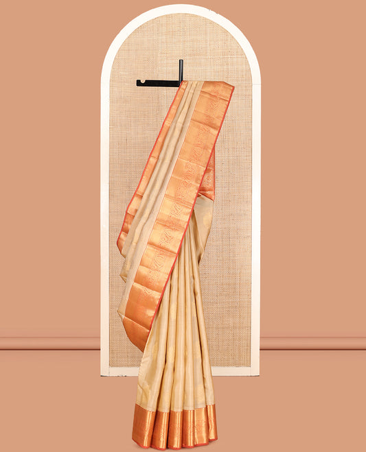 Sandal Vasundhara Lite Silk Mix Saree, Sparsely Woven with Zari Buttas, a Contrast Traditional Zari Border, Grandly Decked Up Pallu, and a Contrast Blouse