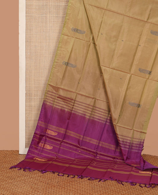 Borderless manthulir green paisley buttas banana pith saree, contrast pallu of paisleys