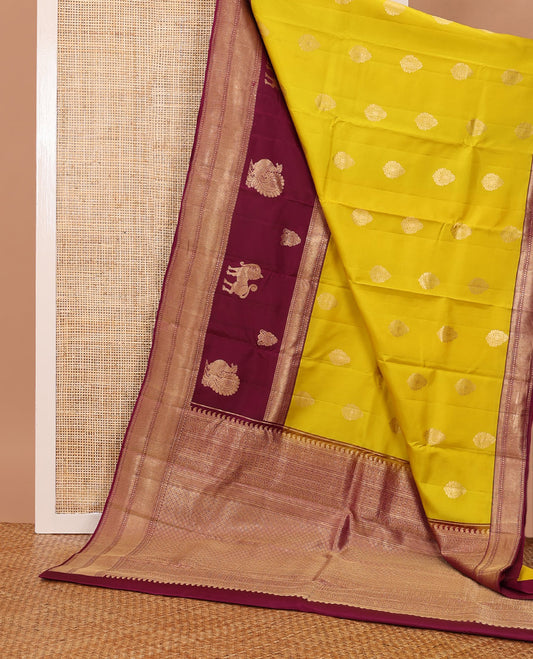 Yellow zari buttas silksaree,contrast big zari border of thilakam,banaras,paisa,mayil kann,mayil & yaali & zari-rich jaal pallu