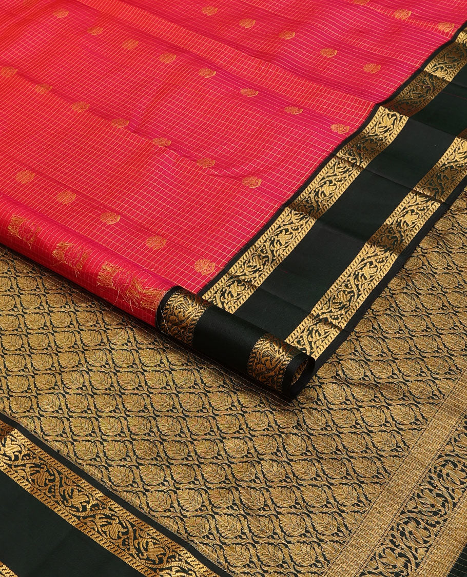Pink checked design & zari buttas silk saree, contrast jaal pallu & rettai pettu border of banaras & kodi visiry designs