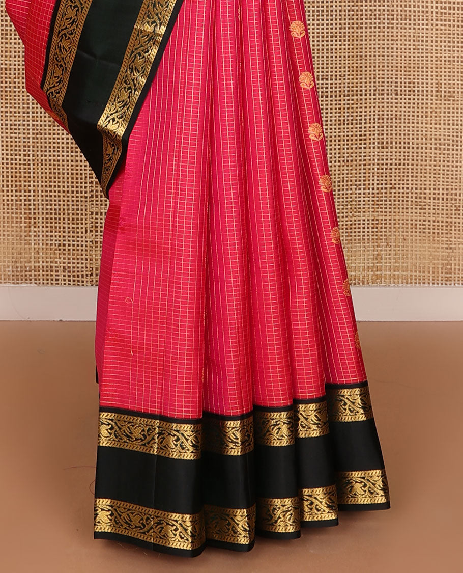 Pink checked design & zari buttas silk saree, contrast jaal pallu & rettai pettu border of banaras & kodi visiry designs