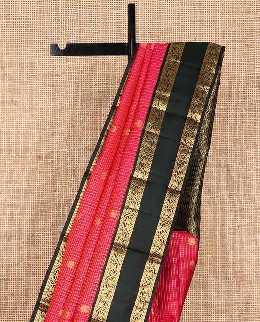 Pink checked design & zari buttas silk saree, contrast jaal pallu & rettai pettu border of banaras & kodi visiry designs
