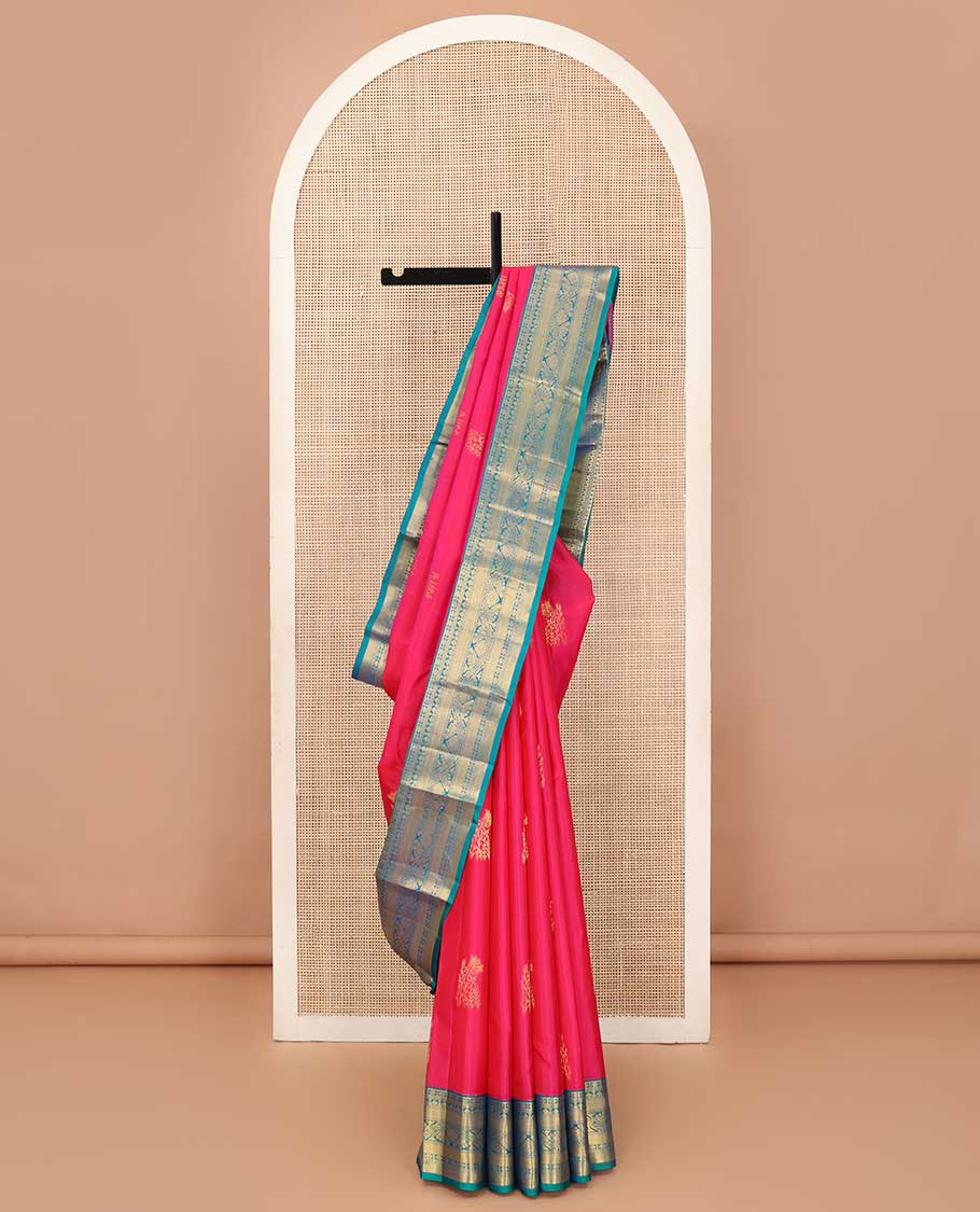 Pink zari buttas silk saree, contrast zari woven pallu, and border of kamalam,kuyil kann, thilakam mokku, and zari designs