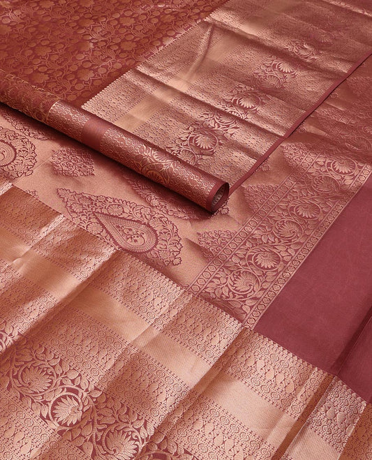 Brown floral jacquard wedding silk saree, zari border of thilakam, muthu, kamalam, manga & kodi visiry & intricate pallu