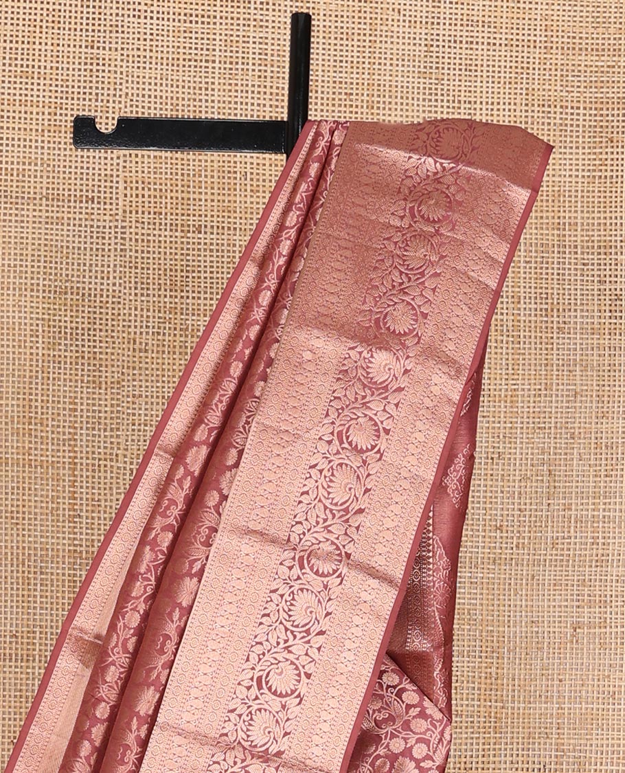 Brown floral jacquard wedding silk saree, zari border of thilakam, muthu, kamalam, manga & kodi visiry & intricate pallu
