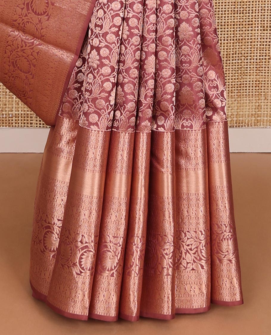 Brown floral jacquard wedding silk saree, zari border of thilakam, muthu, kamalam, manga & kodi visiry & intricate pallu