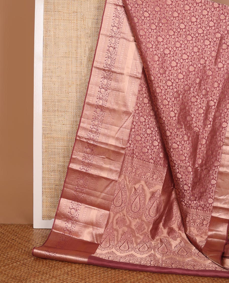 Brown floral jacquard wedding silk saree, zari border of thilakam, muthu, kamalam, manga & kodi visiry & intricate pallu