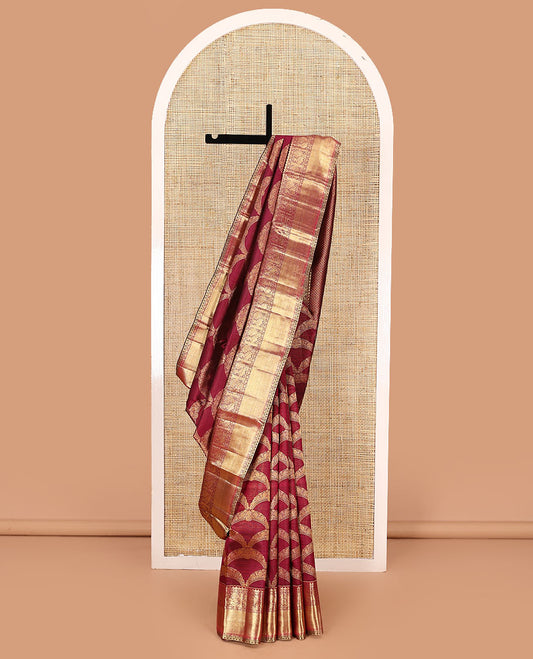 Maroon jacquard kanchipuram silk saree, zari border of thilakam, kodi visiry, and mayil designs, and jaal pallu