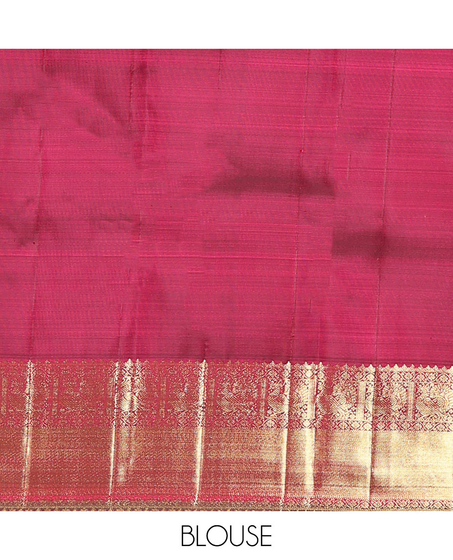 Maroon jacquard kanchipuram silk saree, zari border of thilakam, kodi visiry, and mayil designs, and jaal pallu