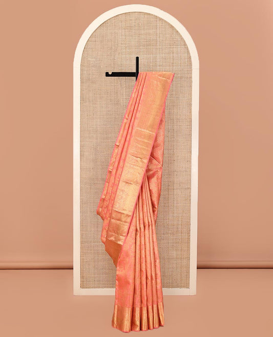 Peach Kanchipuram Wedding Silk Saree, Bedecked with Jacquard Designs on Its Body, Highlighted by a Zari Border of Kamalam, Arumbu Manga, and Jaal Designs, Intricately Designed Pallu, and Paired with a Matching Blouse