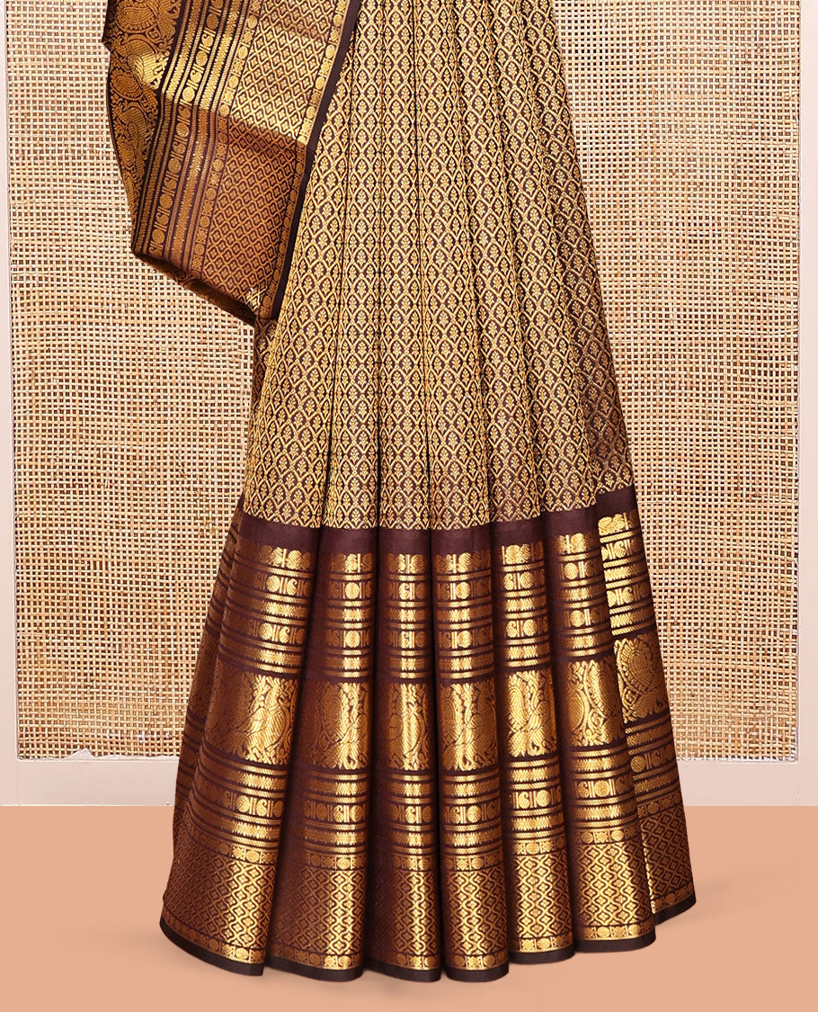 Brown Jacquard Kanchipuram Wedding Silk Saree, Highlighted by a Zari Border of Mayil, Manga, Poun,  Mayil and Ogee Designs, Grand Pallu, and Matching Blouse