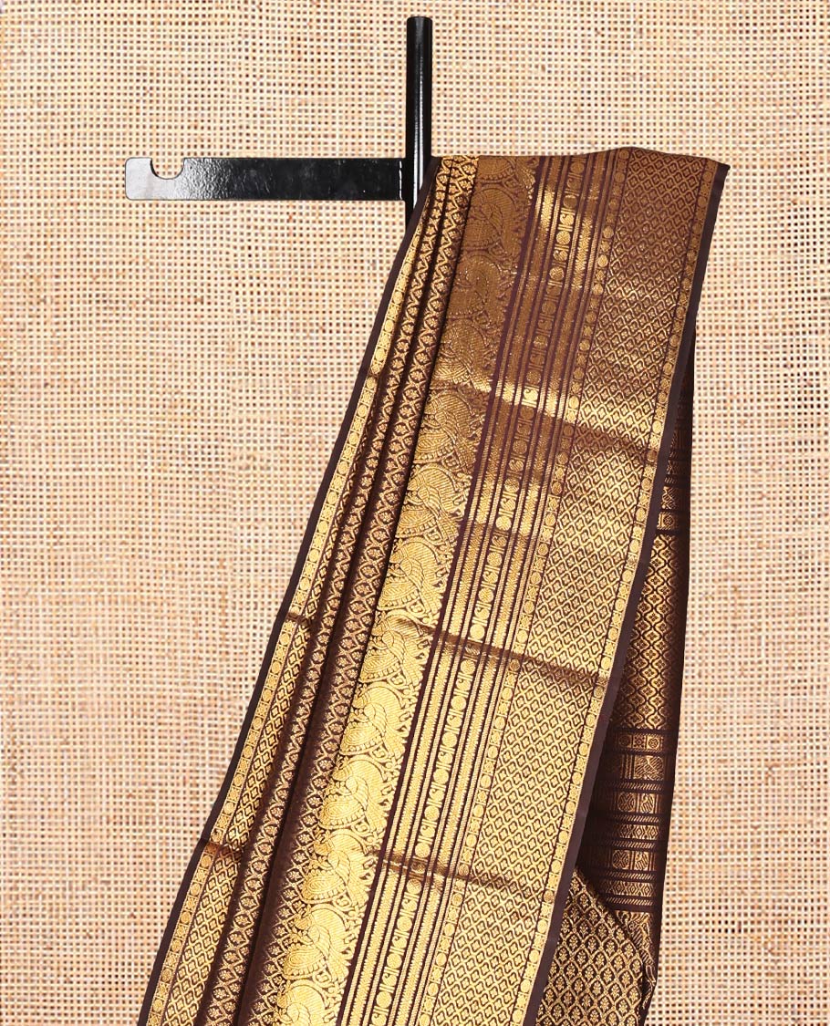 Brown Jacquard Kanchipuram Wedding Silk Saree, Highlighted by a Zari Border of Mayil, Manga, Poun,  Mayil and Ogee Designs, Grand Pallu, and Matching Blouse