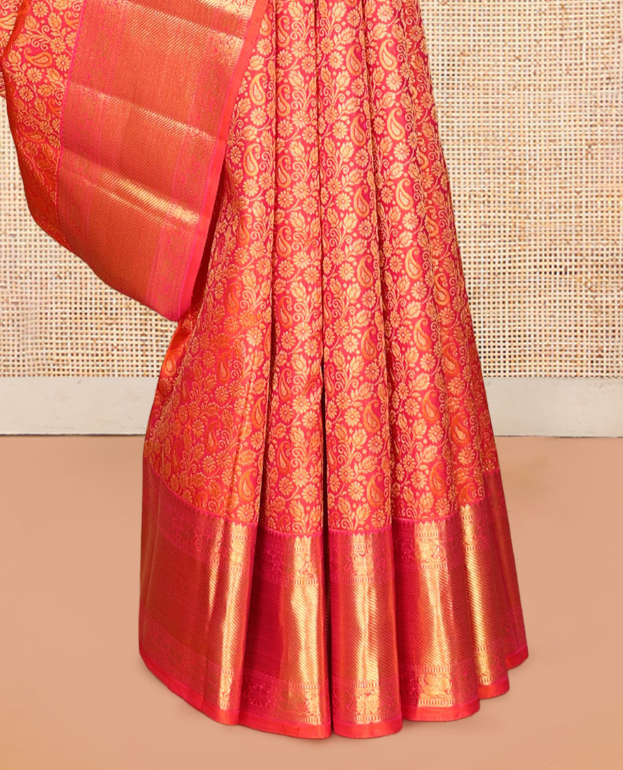 Orange Kanchipuram Wedding Silk Saree, Woven with Jacquard Design, Zari Border of Thilakam Mokku, Muthu, and Kodi Visiry Designs, Jaal Pallu, and a Matching Blouse