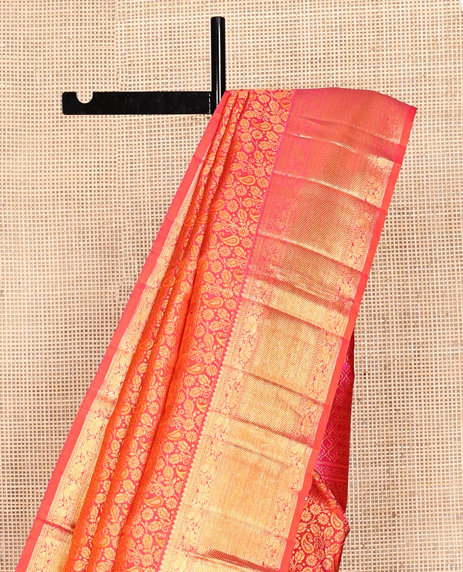 Orange Kanchipuram Wedding Silk Saree, Woven with Jacquard Design, Zari Border of Thilakam Mokku, Muthu, and Kodi Visiry Designs, Jaal Pallu, and a Matching Blouse