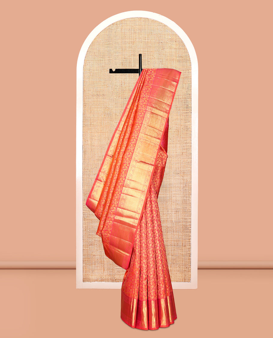 Orange Kanchipuram Wedding Silk Saree, Woven with Jacquard Design, Zari Border of Thilakam Mokku, Muthu, and Kodi Visiry Designs, Jaal Pallu, and a Matching Blouse