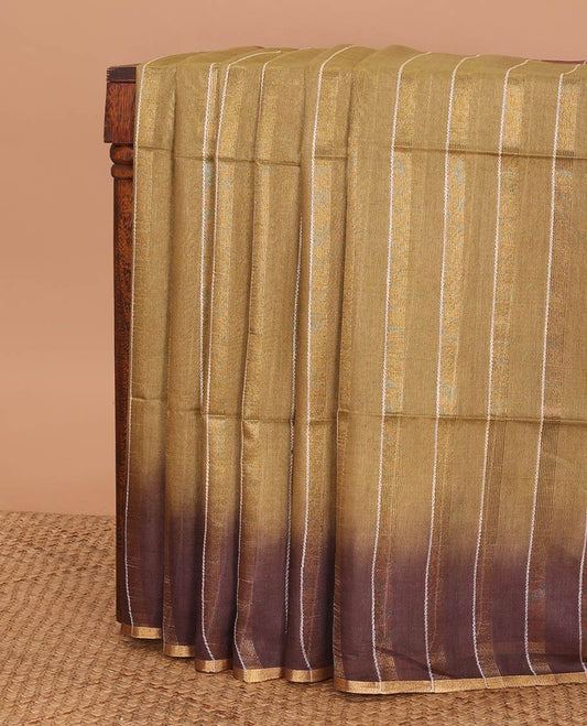 Mocha color striped linen saree with contrast striped border & sequins embroidery pallu