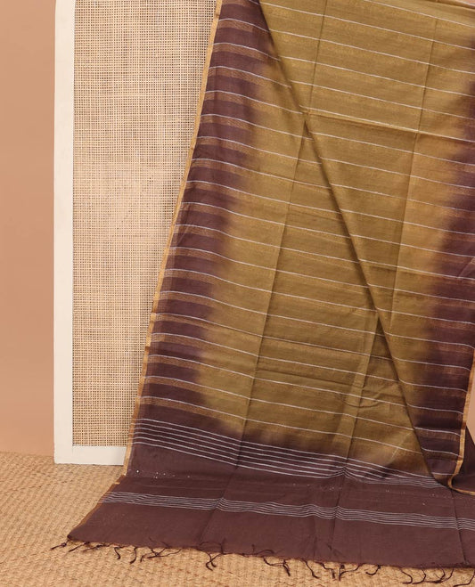 Mocha color striped linen saree with contrast striped border & sequins embroidery pallu