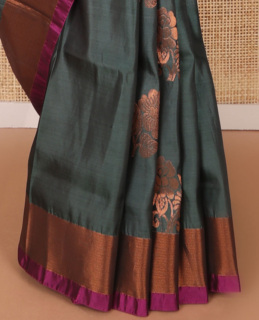 Dark grey floral motifs uppada saree with contrast zari border & floral design pallu