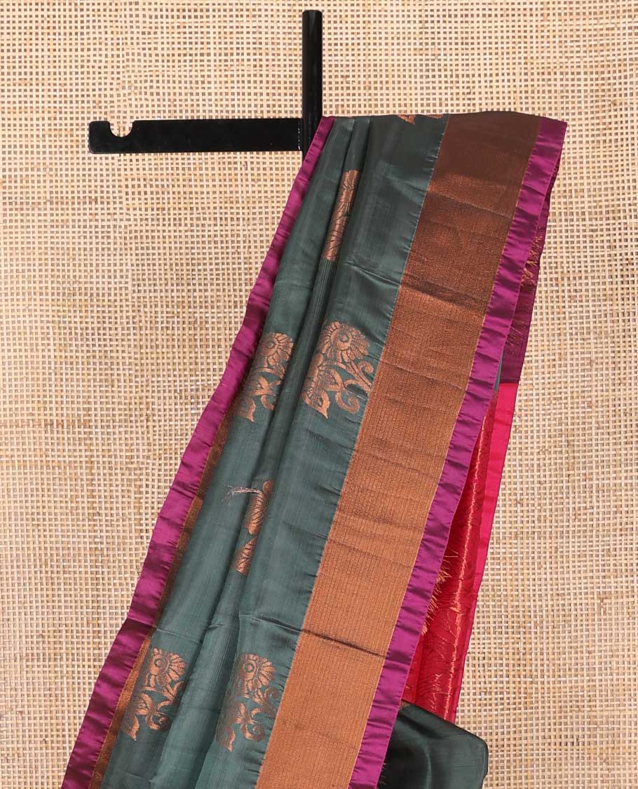 Dark grey floral motifs uppada saree with contrast zari border & floral design pallu