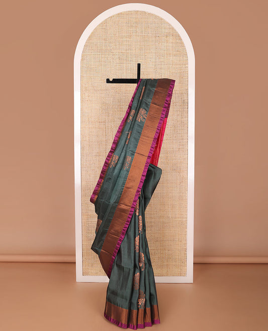 Dark grey floral motifs uppada saree with contrast zari border & floral design pallu
