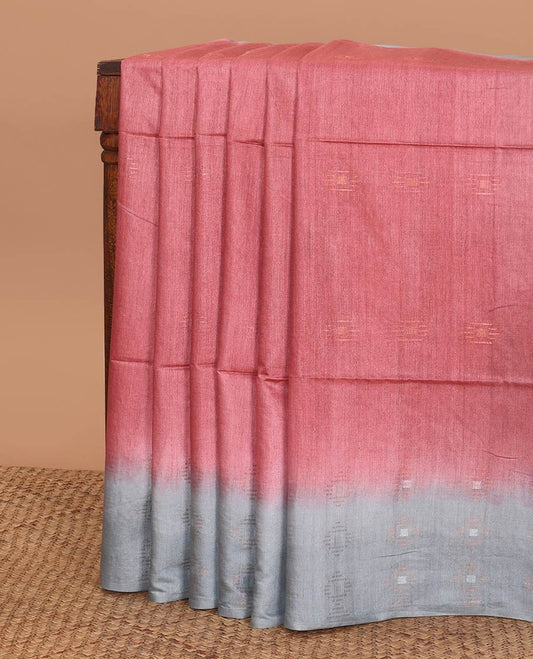 Red motifs linen saree with contrast geometric design & sequins embroidery pallu