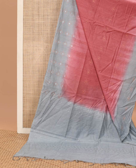 Red motifs linen saree with contrast geometric design & sequins embroidery pallu