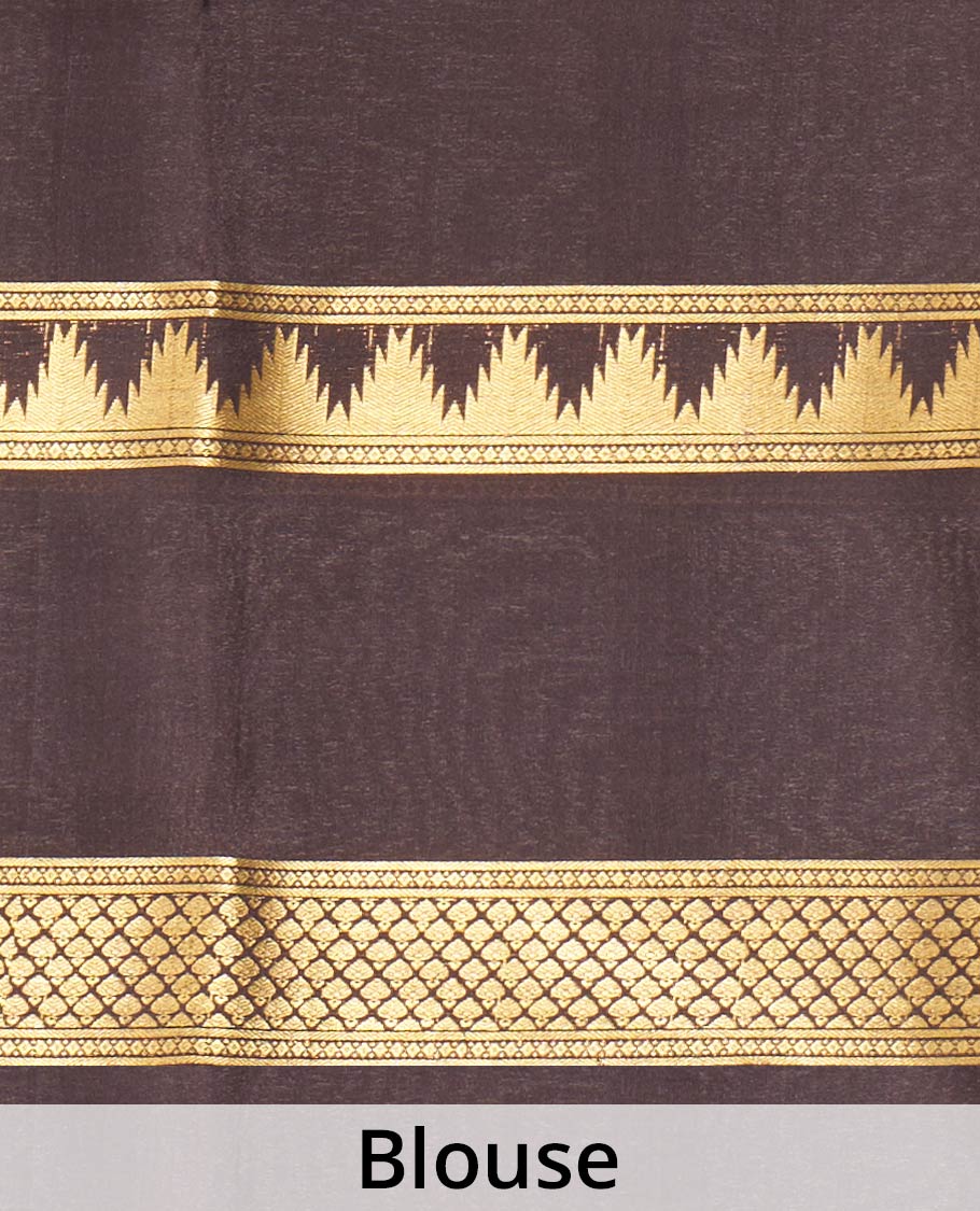 Rust Orange Plain Mysore Silk Saree, Gracefully Embellished with a Contrast Temple Border of Jaal Designs, Pallu Steeped with Zari Stripes, and Paired with a Contrast Blouse