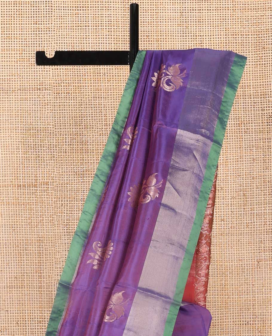 Purple floral motifs uppada saree with contrast zari border & ogee design pallu
