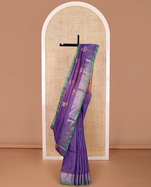 Purple floral motifs uppada saree with contrast zari border & ogee design pallu