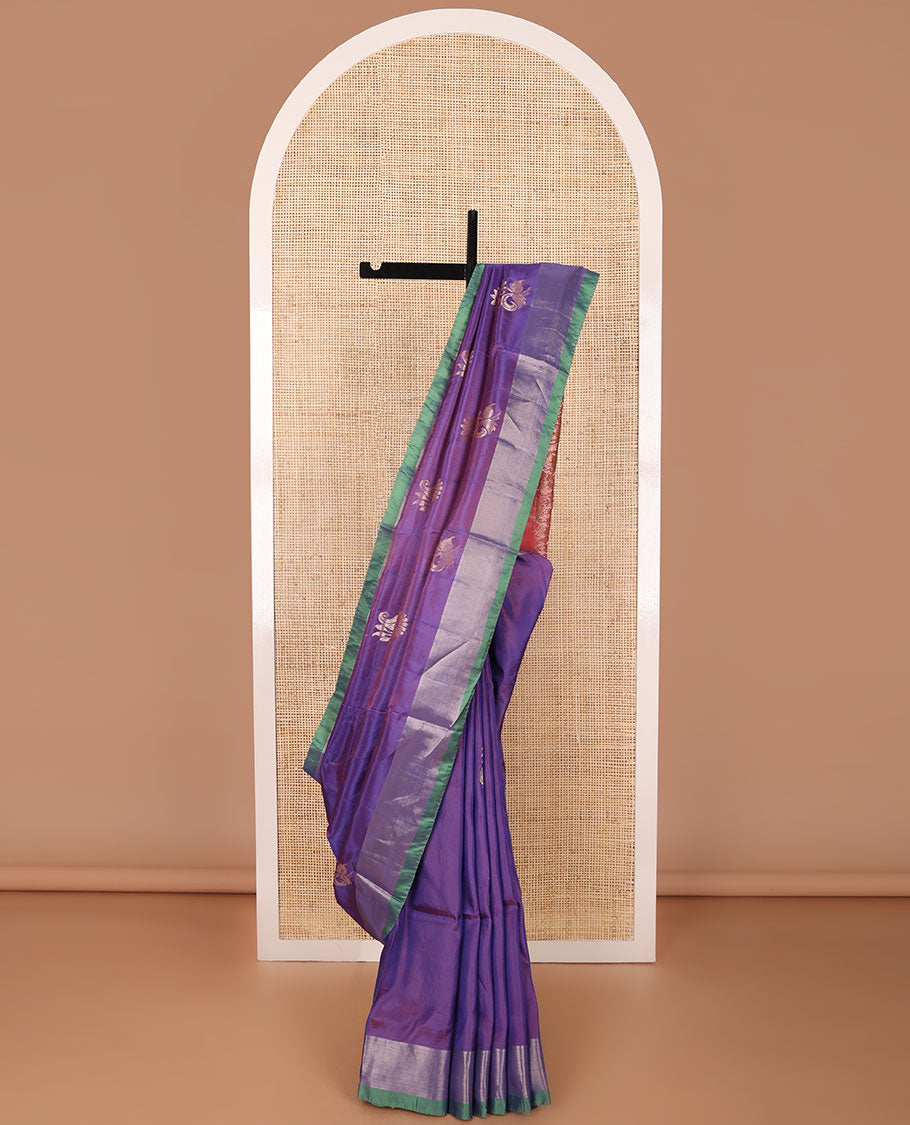 Purple floral motifs uppada saree with contrast zari border & ogee design pallu