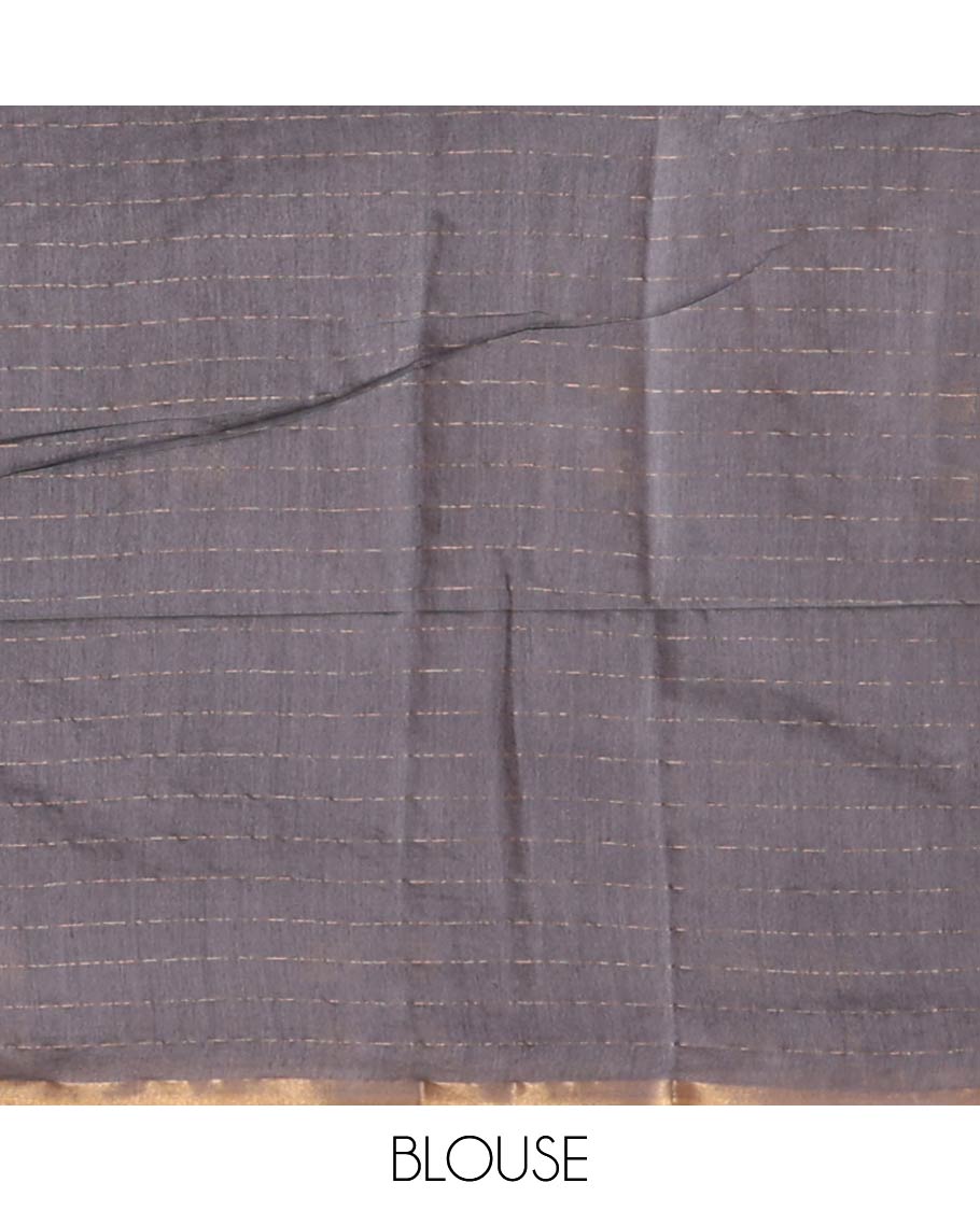 Blue checked linen saree with contrast geometric design border & checked, geometric design pallu