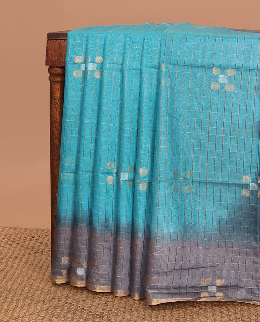 Blue checked linen saree with contrast geometric design border & checked, geometric design pallu