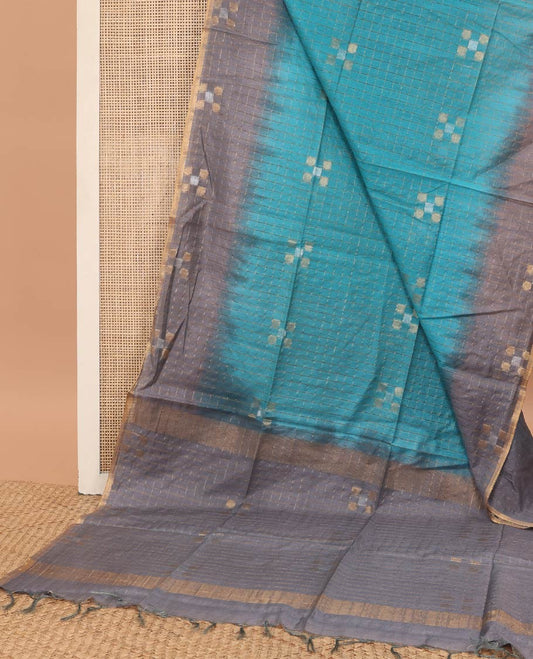 Blue checked linen saree with contrast geometric design border & checked, geometric design pallu
