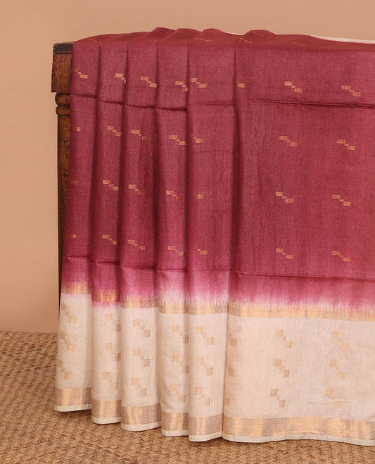 Red motifs linen saree with contrast geometric design & striped pallu