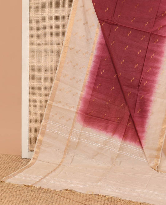Red motifs linen saree with contrast geometric design & striped pallu