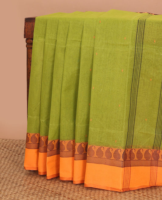 Green bengal cotton saree with contrast paisley design border & striped pallu