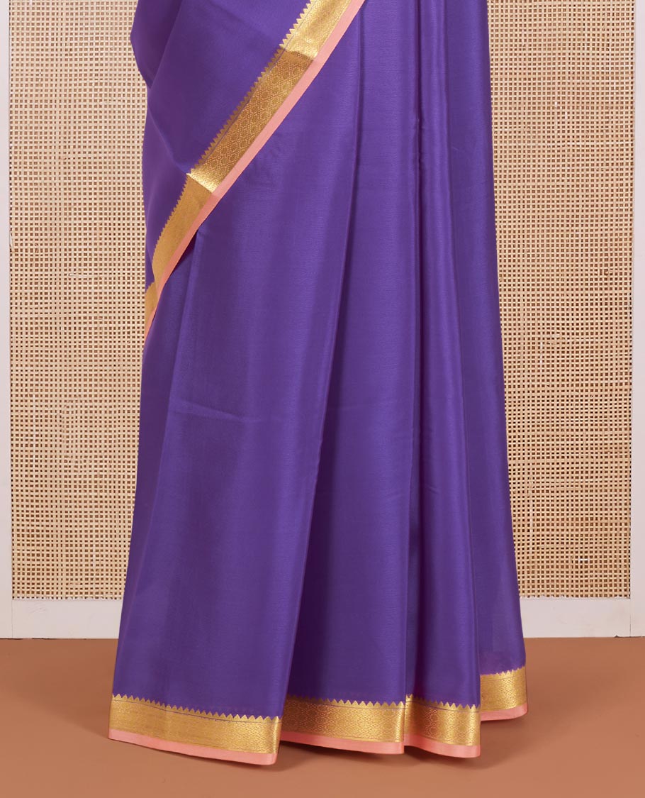 Violet Plain Mysore Silk Saree, Complemented by Contrast Temple Zari Border, Gleaming Zari Woven Pallu of Zari Stripes, and Paired with a Contrast Blouse
