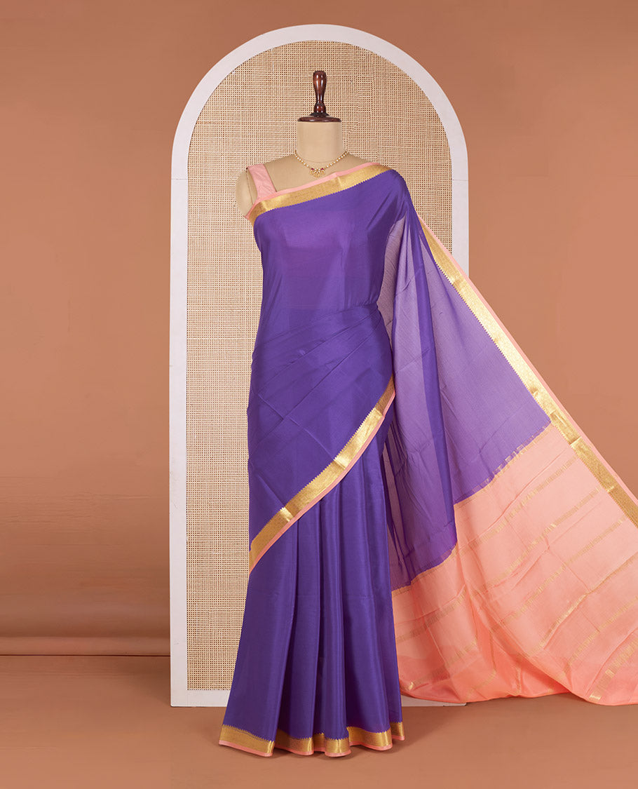 Violet Plain Mysore Silk Saree, Complemented by Contrast Temple Zari Border, Gleaming Zari Woven Pallu of Zari Stripes, and Paired with a Contrast Blouse